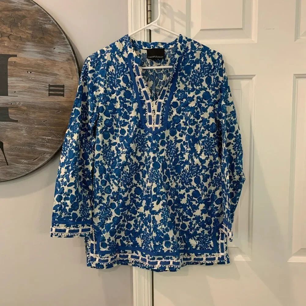 Cynthia Rowley Blue Popcorn Trim Tunic sz L